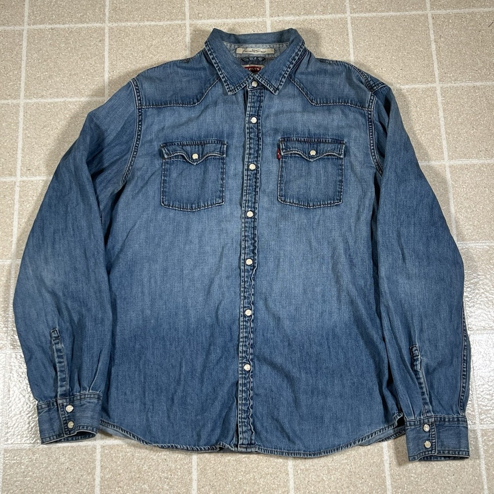 Levis Denim Shirt Mens XL Blue Western Pearl Snap Button Up Long Sleeve Cowboy